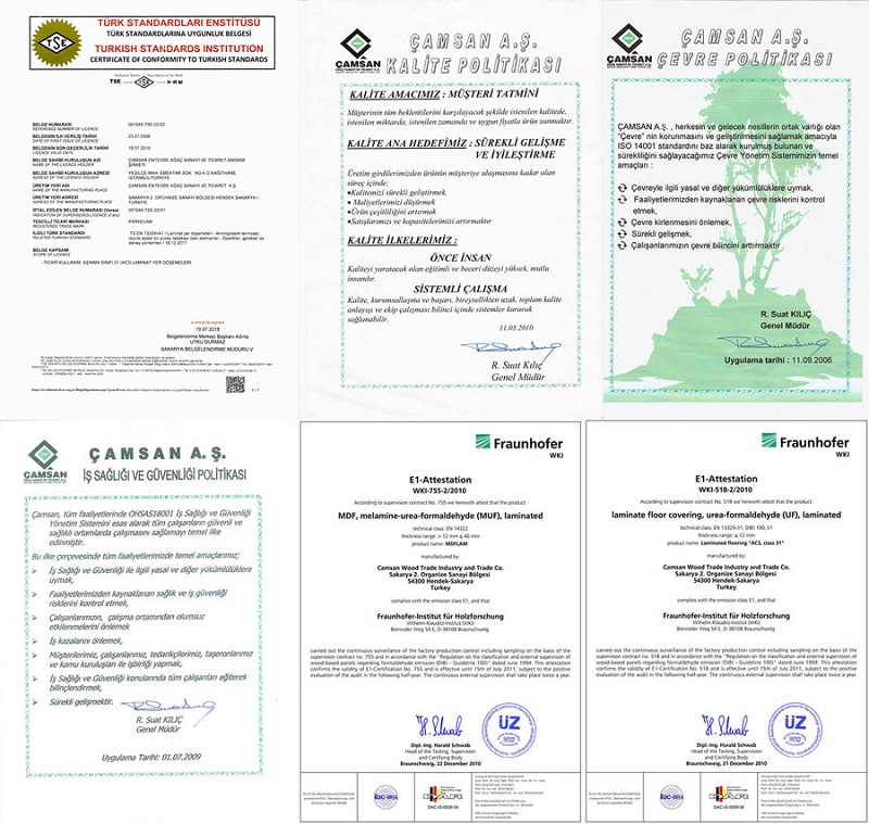 Các chứng chỉ của sàn gỗ Camsan cao cấp