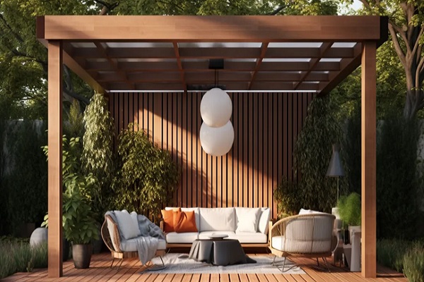 Kết hợp giàn leo pergola, sàn gỗ và bàn ghế tạo không gian uống trà, nghỉ ngơi.