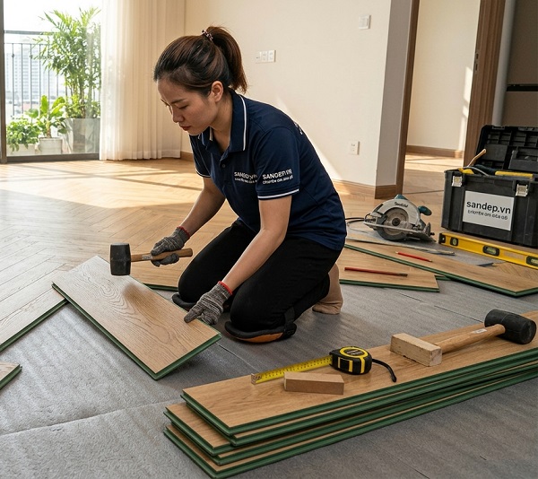 Thi công sàn gỗ cốt xanh xương cá