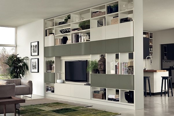 Mẫu vách kệ tivi ngăn phòng khách và bếp hiện đại