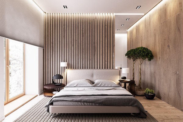 Ốp tường phòng ngủ giả gỗ và lam sóng sang trọng