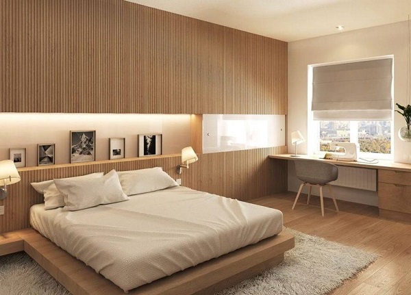 Ốp tường trang trí phòng ngủ bằng tấm ốp lam sóng nhỏ