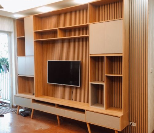 ốp vách tivi lam sóng giả gỗ
