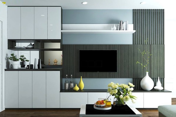 ốp vách tivi màu xanh