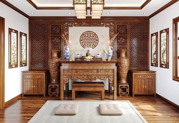sàn gỗ walnut phòng thờ