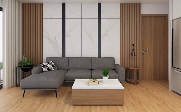 Tấm vách nhựa PVC giả gỗ và giả đá ốp tường sau sofa phòng khách