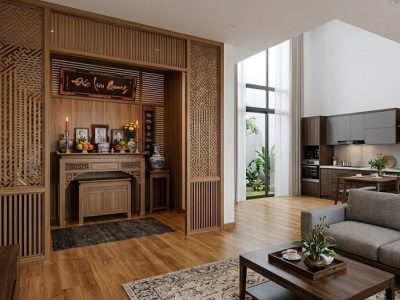 vách ngăn phòng khách và phòng thờ